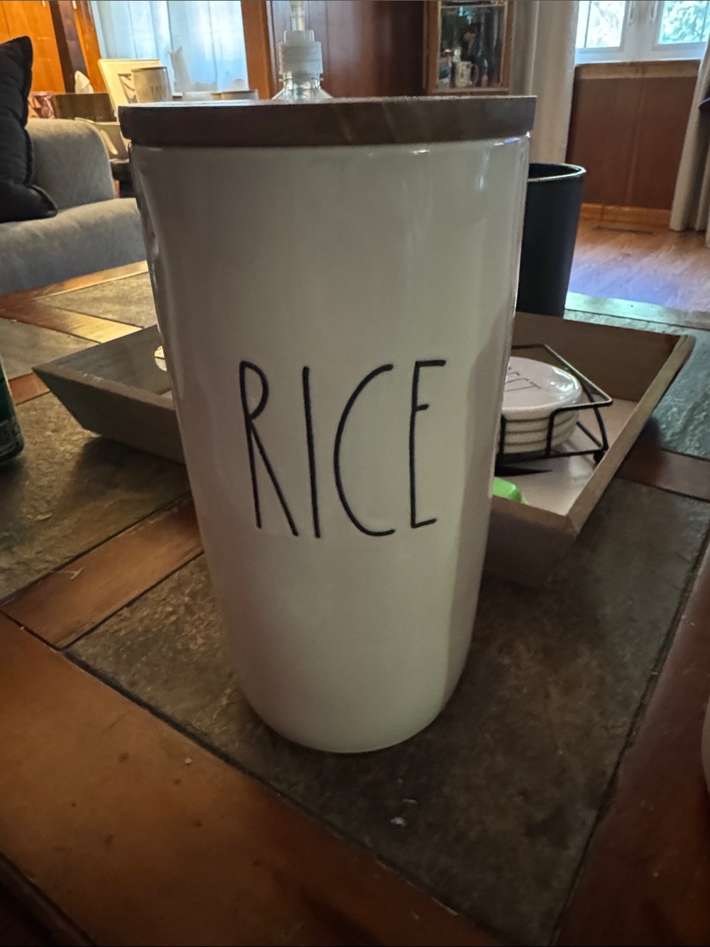 Rae Dunn White Ceramic Rice Canister with Brown Lid